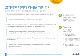 27
연산자 및 문자를 사용하셔서 검색 결과를 더욱 구체화 하실 수 있습니다.
효과적인 데이터 검색을 위한 TIP
For more information, please visit https://www.statista.com/getting-started/working-with-statista-tips-for-better-search-results.
Search accuracy
구체적인 검색 결과를 위해
Boolean 연산자를
사용하실 수 있습니다.
Please note
Boolean 연산자를
사용하시는 경우
1) 공백은 기본적으로
AND 연결로 해석됩니다.
2) 검색 정확도 선택 메뉴를 통해
해당 설정을 변경하실 수 있습
니다.
3) &, +, |, AND, OR는
검색 연산자로 작동되지 않습
니다.
 