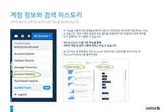 28
이 기능을 사용하시면 검색을 반복하지 않고도 최근에 본 데이터에 직접 액세스 하실
수 있습니다. 검색 기록은 설정된 모든 필터를 포함하여 이미 만들어진 검색 쿼리를
다시 실행하는 데 사용할 수 있습니다.
‘My Account’ 드롭 다운 메뉴를 통해
귀하의 계정 및 검색 기록에 액세스 하실 수 있습니다.
로그인 하신 후 화면에서 ’My Account’ 위로 마우스 포인터를 위치시키신 후
’Account History’를 클릭하세요.
귀하의 계정 및 검색 히스토리에 관한 정보를 확인해 보십시오.
계정 정보와 검색 히스토리
 