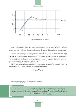 104
ΚΕΦΑΛΑΙΟ 3ο
Σχ. (3.9) Λογαριθμική Κλίμακα
Διαπιστώνουμε ότι, όπως και στην περίπτωση της σχετικής συχνότητας, αυξανο-
μένου του ν, οι τιμές του δειγματικού μέσου X προσεγγίζουν κάποια οριακή τιμή.
Την οριακή αυτή τιμή του δειγματικού μέσου X ονομάζουμε αναμενόμενη τιμή
της τ.μ. Χ και την συμβολίζουμε με Ε[Χ]. Όσο ο δειγματικός μέσος X προσεγγίζει
την οριακή τιμή Ε[Χ], τόσο οι σχετικές συχνότητες
jv
v
προσεγγίζουν τις αντίστοι-
χες πιθανότητες pj των τιμών xj της τ.μ. Χ.
Μετά τη σημαντική αυτή παρατήρηση μπορούμε να πούμε ότι για να βρούμε την
οριακή τιμή Ε[Χ] αρκεί να υπολογίσουμε το άθροισμα:
j jE[X] x p= ∑
Συνοψίζοντας έχουμε τον ακόλουθο ορισμό:
1,5 2 2,5 3 3,5 4 4,5
3,2
3,4
3,6
3,8
Ε[Χ]
p
logv
1
Αν x1, x2, ..., xν, ... τιμές της διακριτής τ.μ. Χ με αντίστοιχες πιθανότητες
p1, p2, ..., pν, ... ορίζουμε ως αναμενόμενη τιμή της Χ και την συμβολίζουμε με
Ε[Χ] το άθροισμα: Ε[Χ] = Σxj pj
22_0145_02_charis.indd 104 4/9/2013 2:57:30 μμ
 