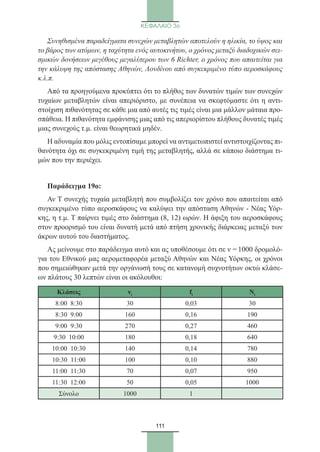 111
ΚΕΦΑΛΑΙΟ 3ο
Συνηθισμένα παραδείγματα συνεχών μεταβλητών αποτελούν η ηλικία, το ύψος και
το βάρος των ατόμων, η ταχύτητα ενός αυτοκινήτου, ο χρόνος μεταξύ διαδοχικών σει-
σμικών δονήσεων μεγέθους μεγαλύτερου των 6 Richter, ο χρόνος που απαιτείται για
την κάλυψη της απόστασης Αθηνών, Λονδίνου από συγκεκριμένο τύπο αεροσκάφους
κ.λ.π.
Από τα προηγούμενα προκύπτει ότι το πλήθος των δυνατών τιμών των συνεχών
τυχαίων μεταβλητών είναι απεριόριστο, με συνέπεια να σκεφτόμαστε ότι η αντι-
στοίχιση πιθανότητας σε κάθε μια από αυτές τις τιμές είναι μια μάλλον μάταια προ-
σπάθεια. Η πιθανότητα εμφάνισης μιας από τις απεριορίστου πλήθους δυνατές τιμές
μιας συνεχούς τ.μ. είναι θεωρητικά μηδέν.
Η αδυναμία που μόλις εντοπίσαμε μπορεί να αντιμετωπιστεί αντιστοιχίζοντας πι-
θανότητα όχι σε συγκεκριμένη τιμή της μεταβλητής, αλλά σε κάποιο διάστημα τι-
μών που την περιέχει.
Παράδειγμα 19ο:
Αν Τ συνεχής τυχαία μεταβλητή που συμβολίζει τον χρόνο που απαιτείται από
συγκεκριμένο τύπο αεροσκάφους να καλύψει την απόσταση Αθηνών - Νέας Υόρ-
κης, η τ.μ. Τ παίρνει τιμές στο διάστημα (8, 12) ωρών. Η άφιξη του αεροσκάφους
στον προορισμό του είναι δυνατή μετά από πτήση χρονικής διάρκειας μεταξύ των
άκρων αυτού του διαστήματος.
Ας μείνουμε στο παράδειγμα αυτό και ας υποθέσουμε ότι σε ν = 1000 δρομολό-
για του Εθνικού μας αερομεταφορέα μεταξύ Αθηνών και Νέας Υόρκης, οι χρόνοι
που σημειώθηκαν μετά την οργάνωσή τους σε κατανομή συχνοτήτων οκτώ κλάσε-
ων πλάτους 30 λεπτών είναι οι ακόλουθοι:
Κλάσεις νi fi Ni
8:00 8:30 30 0,03 30
8:30 9:00 160 0,16 190
9:00 9:30 270 0,27 460
9:30 10:00 180 0,18 640
10:00 10:30 140 0,14 780
10:30 11:00 100 0,10 880
11:00 11:30 70 0,07 950
11:30 12:00 50 0,05 1000
Σύνολο 1000 1
22_0145_02_charis.indd 111 4/9/2013 2:57:32 μμ
 
