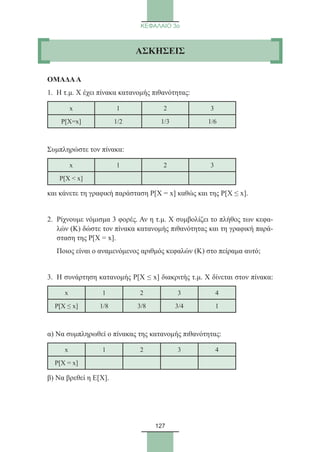 127
ΚΕΦΑΛΑΙΟ 3ο
ΟΜΑΔΑΑ
1. Η τ.μ. Χ έχει πίνακα κατανομής πιθανότητας:
x 1 2 3
P[X=x] 1/2 1/3 1/6
Συμπληρώστε τον πίνακα:
x 1 2 3
P[X  x]
και κάνετε τη γραφική παράσταση Ρ[Χ = x] καθώς και της Ρ[Χ ≤ x].
2. 	Ρίχνουμε νόμισμα 3 φορές. Αν η τ.μ. Χ συμβολίζει το πλήθος των κεφα-
λών (Κ) δώστε τον πίνακα κατανομής πιθανότητας και τη γραφική παρά-
σταση της Ρ[Χ = x].
	 Ποιος είναι ο αναμενόμενος αριθμός κεφαλών (Κ) στο πείραμα αυτό;
3.	 Η συνάρτηση κατανομής Ρ[Χ ≤ x] διακριτής τ.μ. Χ δίνεται στον πίνακα:
x 1 2 3 4
P[X ≤ x] 1/8 3/8 3/4 1
α) Να συμπληρωθεί ο πίνακας της κατανομής πιθανότητας:
x 1 2 3 4
P[X = x]
β) Να βρεθεί η Ε[Χ].
ΑΣΚΗΣΕΙΣ
22_0145_02_charis.indd 127 4/9/2013 2:57:36 μμ
 