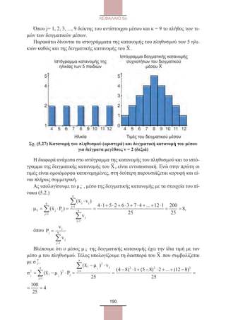 190
ΚΕΦΑΛΑΙΟ 5ο
Όπου j= 1, 2, 3, ..., 9 δείκτης του αντίστοιχου μέσου και κ = 9 το πλήθος των τι-
μών των δειγματικών μέσων.
Παρακάτω δίνονται τα ιστογράμματα της κατανομής του πληθυσμού των 5 ηλι-
κιών καθώς και της δειγματικής κατανομής του Χ
–
.
Σχ. (5.27) Κατανομή του πληθυσμού (αριστερά) και δειγματική κατανομή του μέσου
για δείγματα μεγέθους ν = 2 (δεξιά)
Η διαφορά ανάμεσα στο ιστόγραμμα της κατανομής του πληθυσμού και το ιστό-
γραμμα της δειγματικής κατανομής του Χ
–
j είναι εντυπωσιακή. Ενώ στην πρώτη οι
τιμές είναι ομοιόμορφα κατανεμημένες, στη δεύτερη παρουσιάζεται κορυφή και εί-
ναι πλήρως συμμετρική.
Ας υπολογίσουμε το μ –
x , μέσο της δειγματικής κατανομής με τα στοιχεία του πί-
νακα (5.2.)
µx j j
j
j j
j
j
j
x P
x v
v
= ⋅ =
⋅
=
⋅ + ⋅ + ⋅ + ⋅ + +
=
=
=
∑
∑
∑
( )
( )
...
1
9
1
9
1
9
4 1 5 2 6 3 7 4 12⋅⋅
= =
1
25
200
25
8,
όπου P
v
v
j
j
j
j
=
=
∑1
9
Βλέπουμε ότι ο μέσος μ –
x της δειγματικής κατανομής έχει την ίδια τιμή με τον
μέσο μ του πληθυσμού. Τέλος υπολογίζουμε τη διασπορά του Χ
–
που συμβολίζεται
με σ 2
Χ
– .
σ µ
µ
x x
x
x P
x v
j
j
j
j j
j2 2
1
9
2
1
9
2 2
25
4 8 1 5 8 2
= − ⋅ =
− ⋅
=
− ⋅ + − ⋅ +
=
=
∑
∑
( )
( )
( ) ( ) .... ( )+ −
= =
12 8
25
100
25
4
2
2⋅ +.... ( )+ −
= =
12 8
5
100
25
4
2
22_0145_02_charis.indd 190 4/9/2013 2:57:55 μμ
 