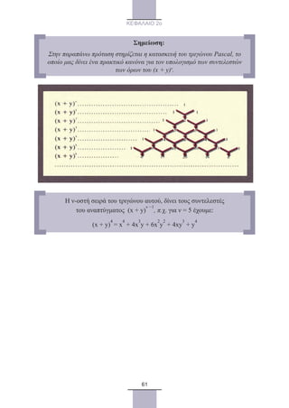61
ΚΕΦΑΛΑΙΟ 2ο
Σημείωση:
Στην παραπάνω πρόταση στηρίζεται η κατασκευή του τριγώνου Pascal, το
οποίο μας δίνει ένα πρακτικό κανόνα για τον υπολογισμό των συντελεστών
των όρων του (x + y)v
.
Η ν-οστή σειρά του τριγώνου αυτού, δίνει τους συντελεστές
του αναπτύγματος (x + y)
v −1
, π.χ. για ν = 5 έχουμε:
(x + y)
4
= x
4
+ 4x
3
y + 6x
2
y
2
+ 4xy
3
+ y
4
22_0145_02_charis.indd 61 4/9/2013 2:57:17 μμ
 