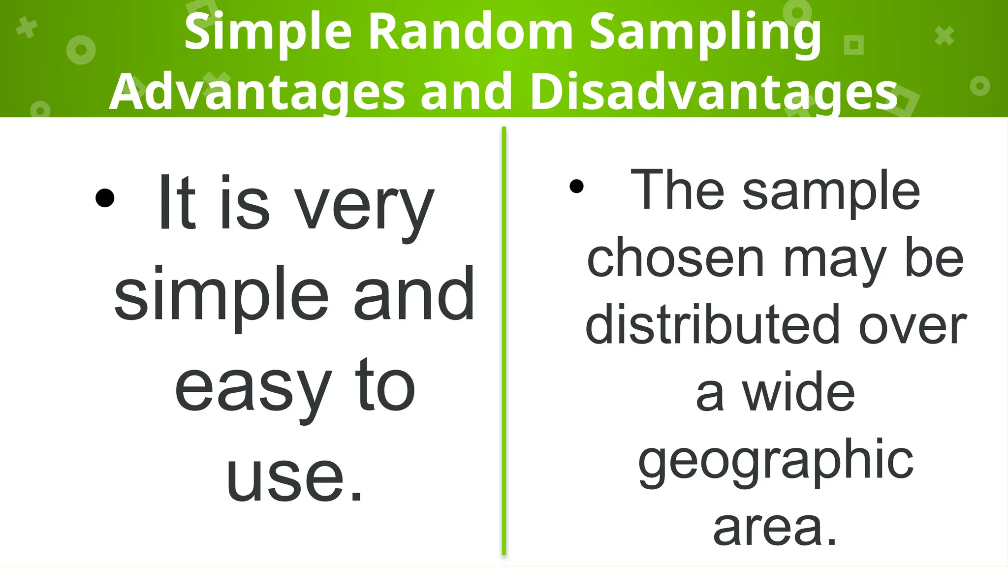Simple Random Sampling
Advantages and Disadvantages
• It is very
simple and
easy to
use.
• The sample
chosen may be
distributed over
a wide
geographic
area.
 