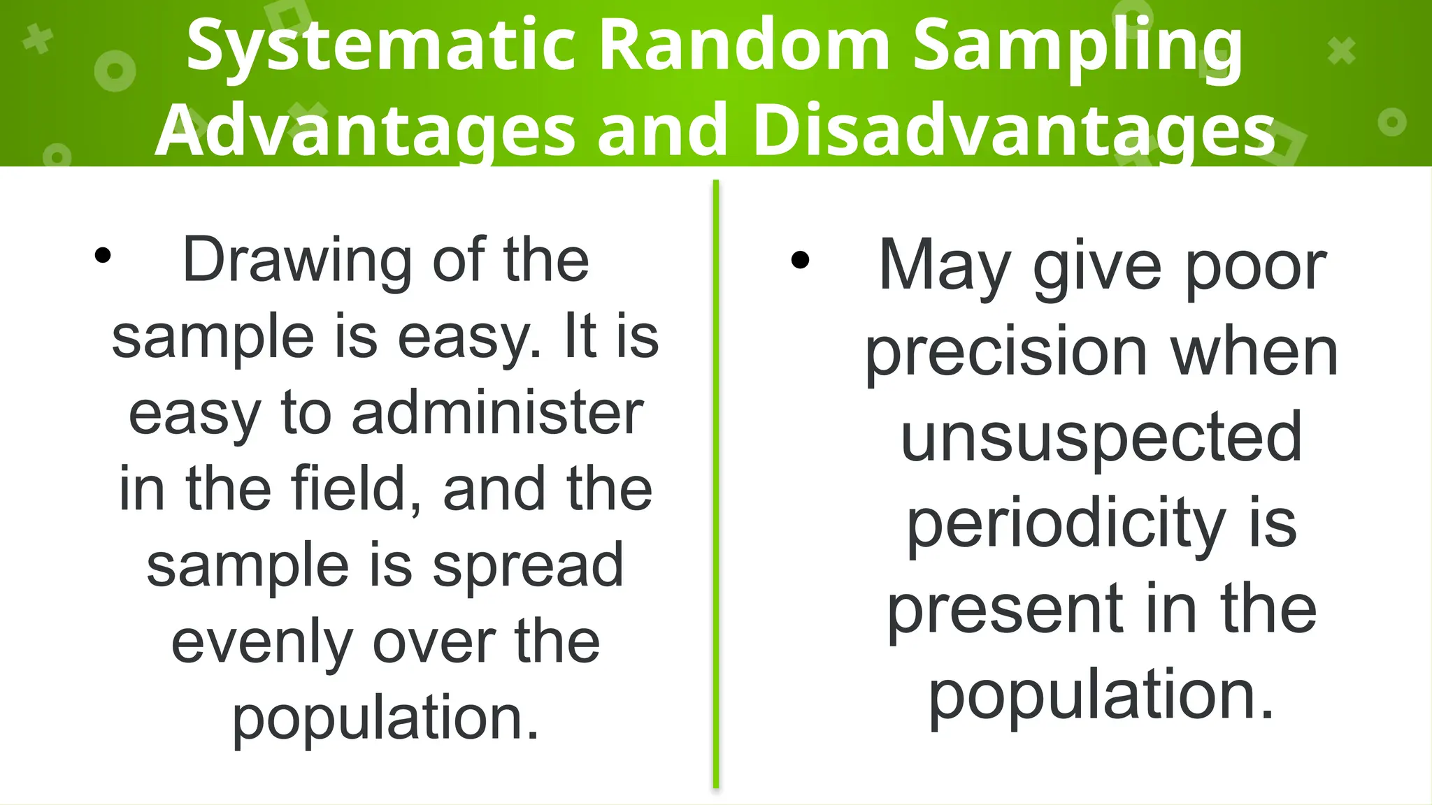 Systematic Random Sampling
Advantages and Disadvantages
• Drawing of the
sample is easy. It is
easy to administer
in the field, and the
sample is spread
evenly over the
population.
• May give poor
precision when
unsuspected
periodicity is
present in the
population.
 