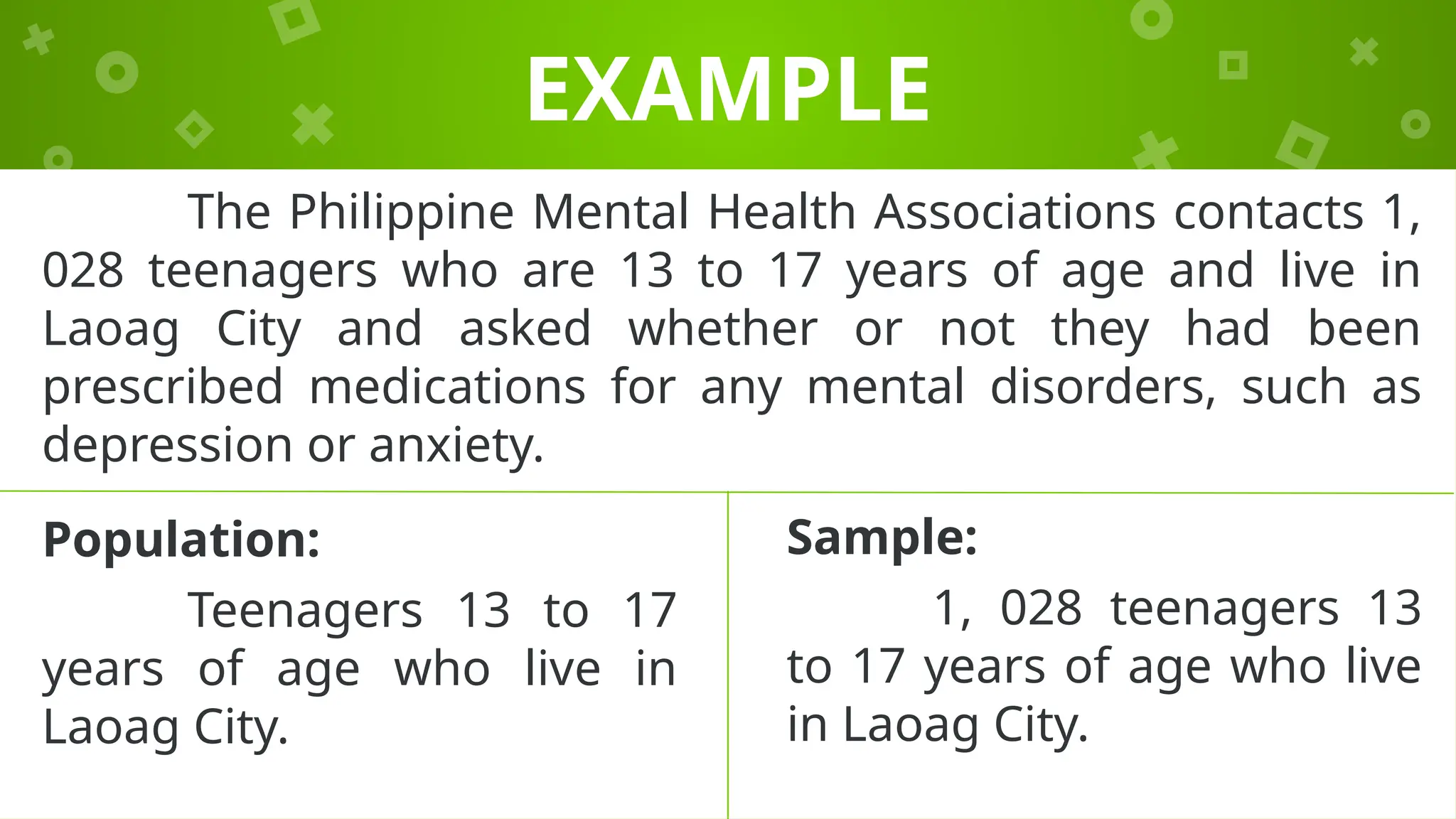 EXAMPLE
The Philippine Mental Health Associations contacts 1,
028 teenagers who are 13 to 17 years of age and live in
Laoag City and asked whether or not they had been
prescribed medications for any mental disorders, such as
depression or anxiety.
Population:
Teenagers 13 to 17
years of age who live in
Laoag City.
Sample:
1, 028 teenagers 13
to 17 years of age who live
in Laoag City.
 