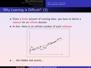 What is Machine Learning?
             Types of Problems and Situations     What is Machine Learning?
                        Content of the Course     Why Learning is Diﬃcult?
                              Documentation


Why Learning is Diﬃcult? (3)

     Given a ﬁnite amount of training data, you have to derive a
     relation for an inﬁnite domain
     In fact, there is an inﬁnite number of such relations




     ... the hidden test points...

        Samy Bengio      Statistical Machine Learning from Data               8
 