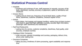  Hospitals
 timeliness and quickness of care, staff responses to requests, accuracy of lab
tests, cleanliness, courtesy, accuracy of paperwork, speed of admittance and
checkouts
 Grocery Stores
 waiting time to check out, frequency of out-of-stock items, quality of food
items, cleanliness, customer complaints, checkout register errors
 Airlines
 flight delays, lost luggage and luggage handling, waiting time at ticket counters
and check-in, agent and flight attendant courtesy, accurate flight information,
passenger cabin cleanliness and maintenance
 Fast-Food Restaurants
 waiting time for service, customer complaints, cleanliness, food quality, order
accuracy, employee courtesy
 Catalogue-Order Companies
 order accuracy, operator knowledge and courtesy, packaging, delivery time,
phone order waiting time
 Insurance Companies
 billing accuracy, timeliness of claims processing, agent availability and response
time
Statistical Process Control
 