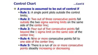 Control Chart …Cont’d
 A process is assumed to be out of control if
 Rule 1: A single point plots outside the control
limits;
 Rule 2: Two out of three consecutive points fall
outside the two sigma warning limits on the same
side of the center line;
 Rule 3: Four out of five consecutive points fall
beyond the 1 sigma limit on the same side of the
center line;
 Rule 4: Nine or more consecutive points fall to
one side of the center line;
 Rule 5: There is a run of six or more consecutive
points steadily increasing or decreasing
 