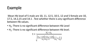 Example
Mean Hb level of 5 male are 10, 11, 12.5, 10.5, 12 and 5 female are 10,
17.5, 14.2,15 and 14.1 . Test whether there is any significant difference
between Hb values.
• H0: There is no significant difference between Hb Level
• H1: There is no significant difference between Hb level.
t =
𝑥1− 𝑥2
𝑛1−1 𝑆1
2+ 𝑛2−1 𝑆2
2
𝑛1+𝑛2−2
1
𝑛1
+
1
𝑛2
 