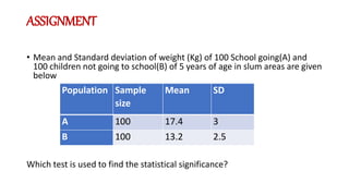 ASSIGNMENT
• Mean and Standard deviation of weight (Kg) of 100 School going(A) and
100 children not going to school(B) of 5 years of age in slum areas are given
below
Which test is used to find the statistical significance?
Population Sample
size
Mean SD
A 100 17.4 3
B 100 13.2 2.5
 
