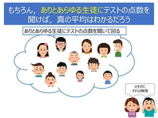 もちろん，ありとあらゆる生徒にテストの点数を
聞けば，真の平均はわかるだろう
30
ありとあらゆる生徒にテストの点数を聞いて回る
さすがに
それは無理
 