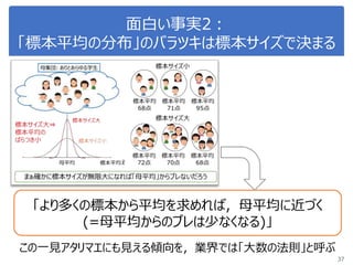 面白い事実2：
「標本平均の分布」のバラツキは標本サイズで決まる
37
「より多くの標本から平均を求めれば，母平均に近づく
(=母平均からのブレは少なくなる)」
この一見アタリマエにも見える傾向を，業界では「大数の法則」と呼ぶ
 