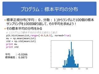 プログラム：標本平均の分布
 標準正規分布(平均：０、分散：１)からランダムで100個の標本
サンプリングを100回繰り返して、その平均を求めよう！
 その標本平均の分布をみる
平均 ：-0.0266
標準偏差： 0.0873
 