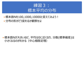 練習３：
標本平均の分布
 標本数Nを100,1000,10000と変えてみよう！
 分布の形がどう変わるか観察せよ
 標本数Nが大きいほど、平均は0に近くなり、分散(標準偏差)は
小さくなるのがわかる（中心極限定理）
 