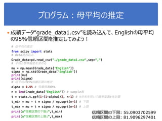 プログラム：母平均の推定
 成績データ“grade_data1.csv”を読み込んで、Englishの母平均
の95％信頼区間を推定してみよう！
信頼区間の下限: 55.0903702599
信頼区間の上限: 81.9096297401
 