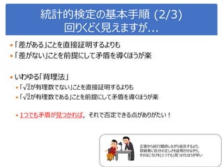統計的検定の基本手順 (2/3)
回りくどく見えますが...
 「差がある」ことを直接証明するよりも
 「差がない」ことを前提にして矛盾を導くほうが楽
 いわゆる「背理法」
 「 2が有理数でない」ことを直接証明するよりも
 「 2が有理数である」ことを前提にして矛盾を導くほうが楽
 1つでも矛盾が見つかれば，それで否定できる点がありがたい！
正面から試行錯誤しながら追及するより，
容疑者に自分の正しさを証明させながら，
そのほころびを(1つでも)見つけたほうが早い
 
