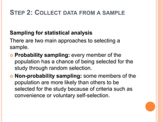 STEP 2: COLLECT DATA FROM A SAMPLE
Sampling for statistical analysis
There are two main approaches to selecting a
sample.
 Probability sampling: every member of the
population has a chance of being selected for the
study through random selection.
 Non-probability sampling: some members of the
population are more likely than others to be
selected for the study because of criteria such as
convenience or voluntary self-selection.
 