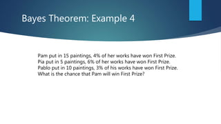 Bayes Theorem: Example 4
Pam put in 15 paintings, 4% of her works have won First Prize.
Pia put in 5 paintings, 6% of her works have won First Prize.
Pablo put in 10 paintings, 3% of his works have won First Prize.
What is the chance that Pam will win First Prize?
 