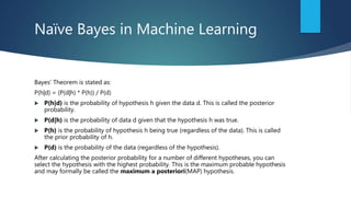 Naïve Bayes in Machine Learning
Bayes’ Theorem is stated as:
P(h|d) = (P(d|h) * P(h)) / P(d)
 P(h|d) is the probability of hypothesis h given the data d. This is called the posterior
probability.
 P(d|h) is the probability of data d given that the hypothesis h was true.
 P(h) is the probability of hypothesis h being true (regardless of the data). This is called
the prior probability of h.
 P(d) is the probability of the data (regardless of the hypothesis).
After calculating the posterior probability for a number of different hypotheses, you can
select the hypothesis with the highest probability. This is the maximum probable hypothesis
and may formally be called the maximum a posteriori(MAP) hypothesis.
 