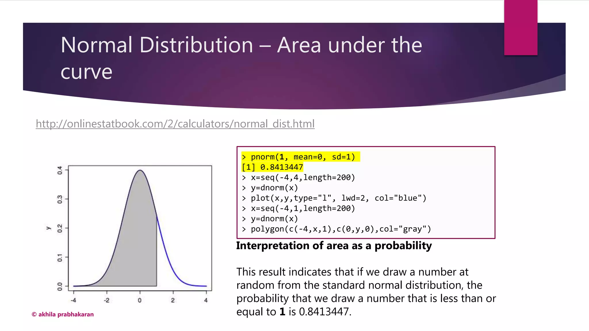 Normal Distribution – Area under the
curve
© akhila prabhakaran
http://onlinestatbook.com/2/calculators/normal_dist.html
> pnorm(1, mean=0, sd=1)
[1] 0.8413447
> x=seq(-4,4,length=200)
> y=dnorm(x)
> plot(x,y,type="l", lwd=2, col="blue")
> x=seq(-4,1,length=200)
> y=dnorm(x)
> polygon(c(-4,x,1),c(0,y,0),col="gray")
Interpretation of area as a probability
This result indicates that if we draw a number at
random from the standard normal distribution, the
probability that we draw a number that is less than or
equal to 1 is 0.8413447.
 