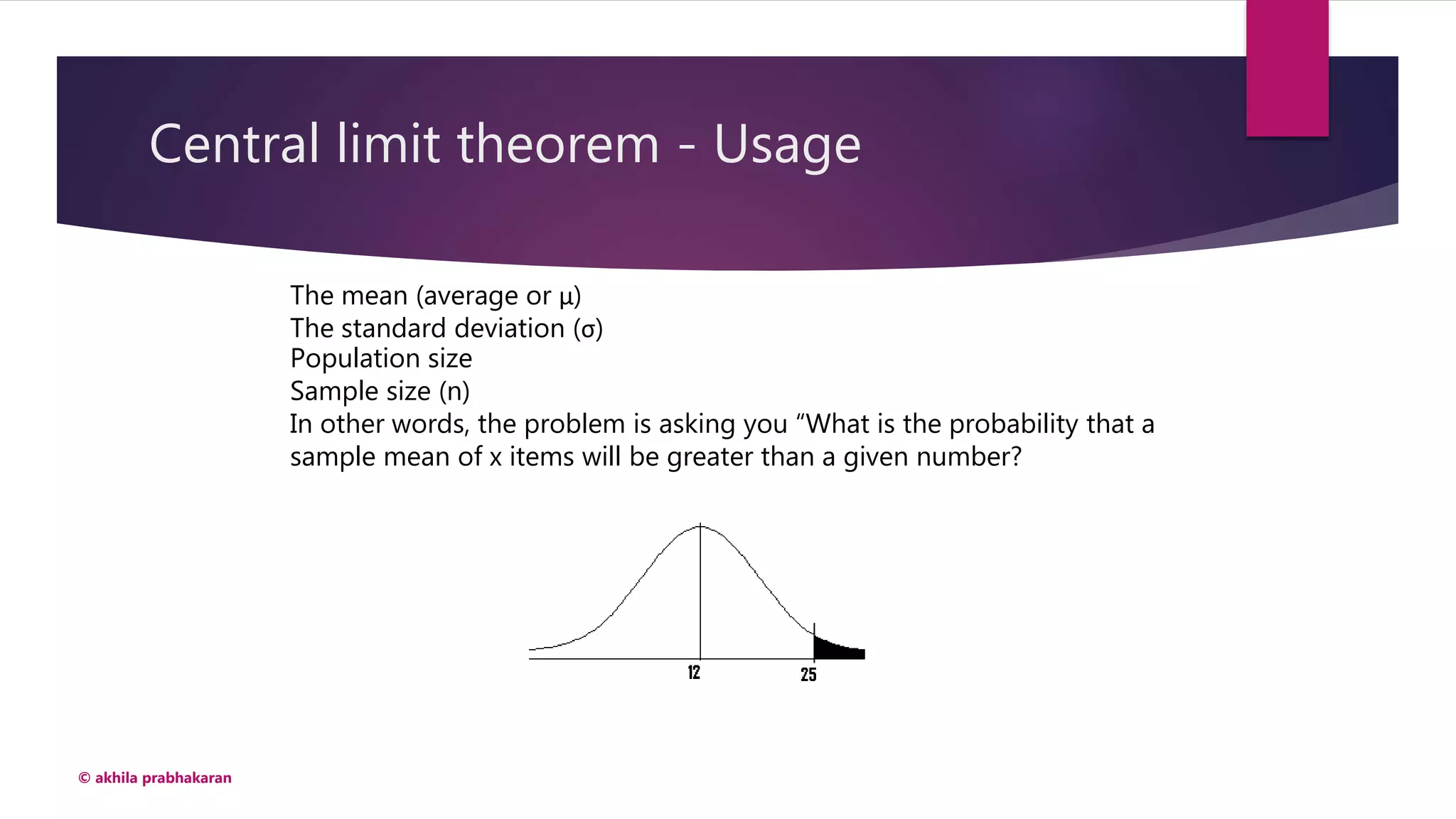 Central limit theorem - Usage
© akhila prabhakaran
The mean (average or μ)
The standard deviation (σ)
Population size
Sample size (n)
In other words, the problem is asking you “What is the probability that a
sample mean of x items will be greater than a given number?
 