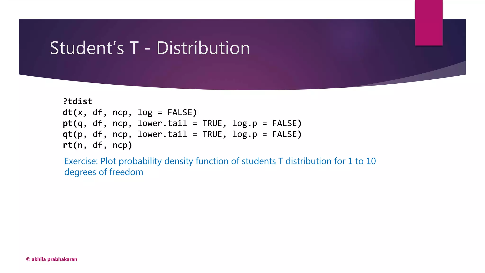 Student’s T - Distribution
© akhila prabhakaran
?tdist
dt(x, df, ncp, log = FALSE)
pt(q, df, ncp, lower.tail = TRUE, log.p = FALSE)
qt(p, df, ncp, lower.tail = TRUE, log.p = FALSE)
rt(n, df, ncp)
Exercise: Plot probability density function of students T distribution for 1 to 10
degrees of freedom
 