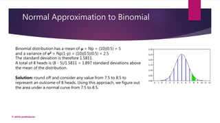 Normal Approximation to Binomial
© akhila prabhakaran
Binomial distribution has a mean of μ = Np = (10)(0.5) = 5
and a variance of σ2 = Np(1-p) = (10)(0.5)(0.5) = 2.5
The standard deviation is therefore 1.5811.
A total of 8 heads is (8 - 5)/1.5811 = 1.897 standard deviations above
the mean of the distribution.
Solution: round off and consider any value from 7.5 to 8.5 to
represent an outcome of 8 heads. Using this approach, we figure out
the area under a normal curve from 7.5 to 8.5.
 