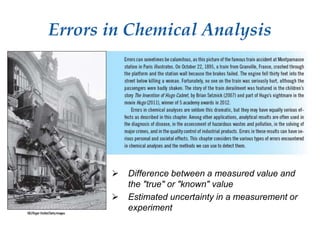 Errors in Chemical Analysis
 Difference between a measured value and
the "true" or "known" value
 Estimated uncertainty in a measurement or
experiment
 
