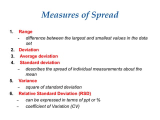 Measures of Spread
1. Range
- difference between the largest and smallest values in the data
set
2. Deviation
3. Average deviation
4. Standard deviation
– describes the spread of individual measurements about the
mean
5. Variance
– square of standard deviation
6. Relative Standard Deviation (RSD)
– can be expressed in terms of ppt or %
– coefficient of Variation (CV)
 