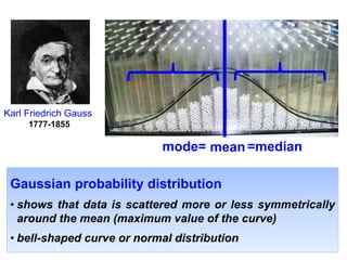 Karl Friedrich Gauss
1777-1855
Gaussian probability distribution
• shows that data is scattered more or less symmetrically
around the mean (maximum value of the curve)
• bell-shaped curve or normal distribution
meanmode= =median
 