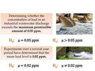 Determining whether the
concentration of lead in an
industrial wastewater discharge
exceeds the maximum permissible
amount of 0.05 ppm.
H0: µ = 0.05 ppm µ > 0.05 ppm
Experiments over a several year
period have determined that the
mean lead level is 0.02 ppm.
Ha:
µ = 0.02 ppm µ ≠ 0.02 ppmHa:H0:
 