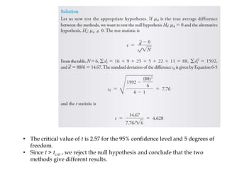 • The critical value of t is 2.57 for the 95% confidence level and 5 degrees of
freedom.
• Since t > tcrit , we reject the null hypothesis and conclude that the two
methods give different results.
 