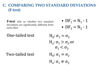• DF1 = N1 - 1
• DF2 = N2 - 1
One-tailed test H0: σ1 = σ2
Ha: σ1 > σ2 or
σ1 < σ2
Two-tailed test H0: σ1 = σ2
Ha: σ1 ≠ σ2
C. COMPARING TWO STANDARD DEVIATIONS
(F-test)
F-test: tells us whether two standard
deviations are significantly different from
each other
 