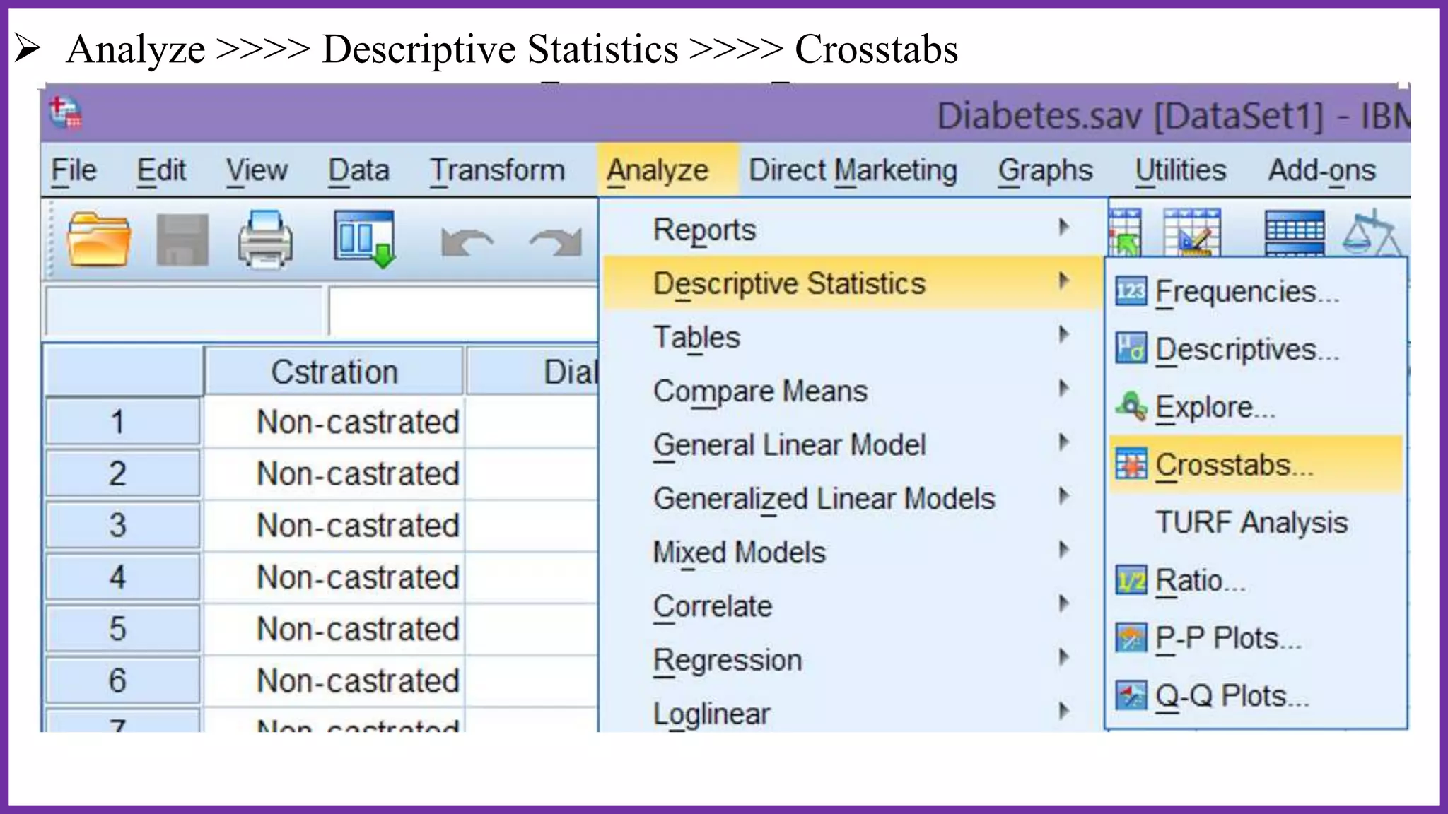  Analyze >>>> Descriptive Statistics >>>> Crosstabs
 