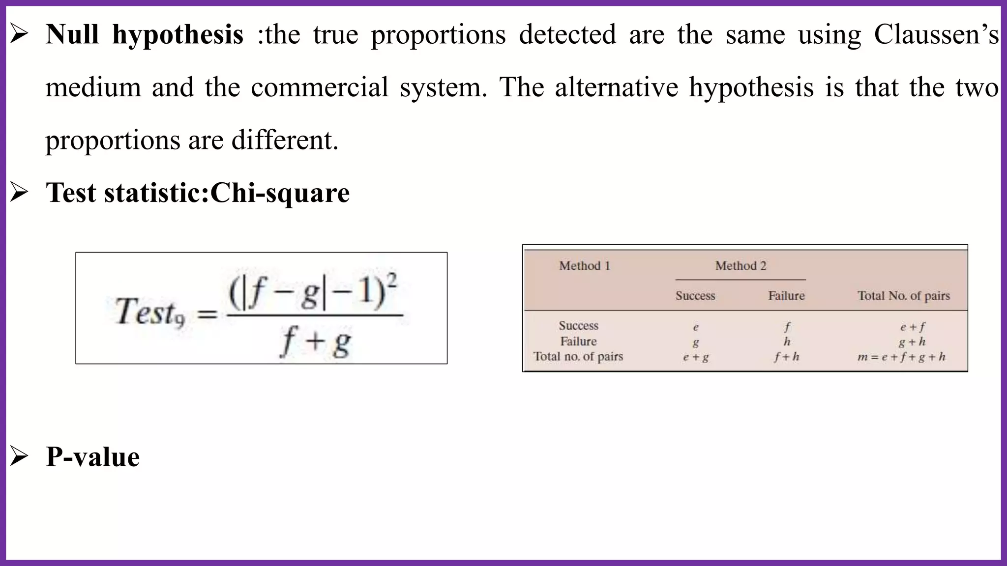  Null hypothesis :the true proportions detected are the same using Claussen’s
medium and the commercial system. The alternative hypothesis is that the two
proportions are different.
 Test statistic:Chi-square
 P-value
 