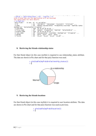 6 | P a g e
8. Retrieving the friends relationship status
For that friend object (in this case myfrds) is required to use relationship_status attribute.
The data are shown in Pie chart and for that pie() function was used.
9. Retrieving the friends locations
For that friend object (in this case myfrds) it is required to user location attribute. The data
are shown in Pie chart and for that pie() function was used as previous.
 