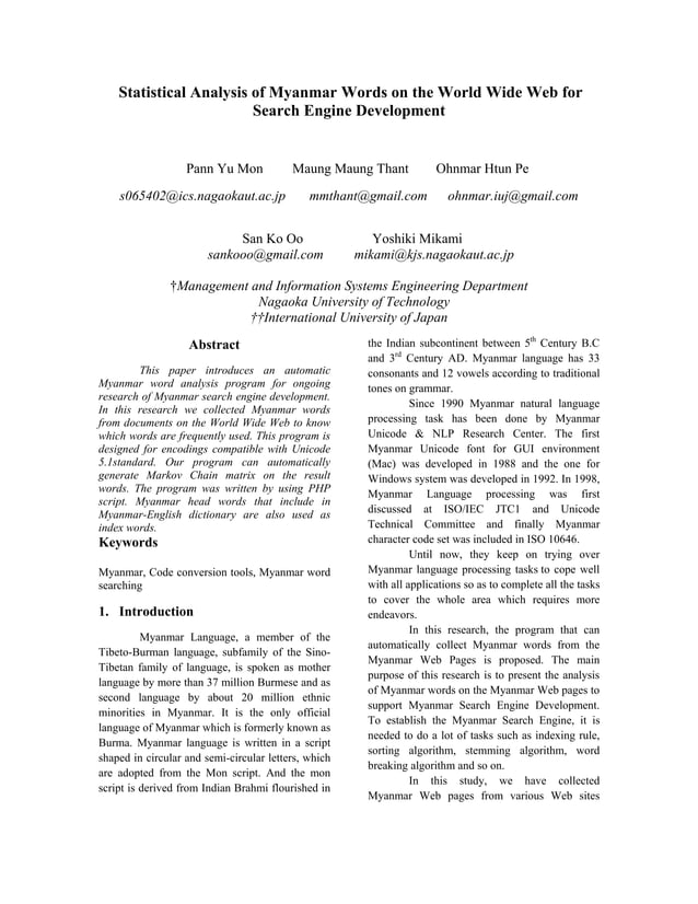 Statistical Analysis Of Myanmar Words On The World Wide Web For+ Search ...