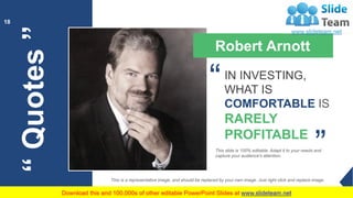 “Quotes”
18
Robert Arnott
IN INVESTING,
WHAT IS
COMFORTABLE IS
RARELY
PROFITABLE
“
“
This slide is 100% editable. Adapt it to your needs and
capture your audience's attention.
This is a representative image, and should be replaced by your own image. Just right click and replace image.
 