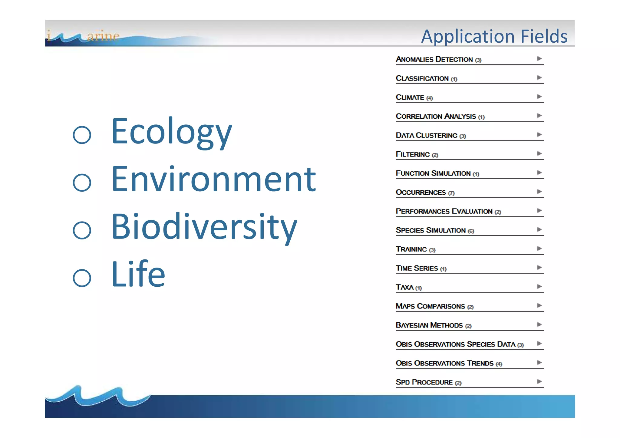 Application Fields

o
o
o
o

Ecology
Environment
Biodiversity
Life

 