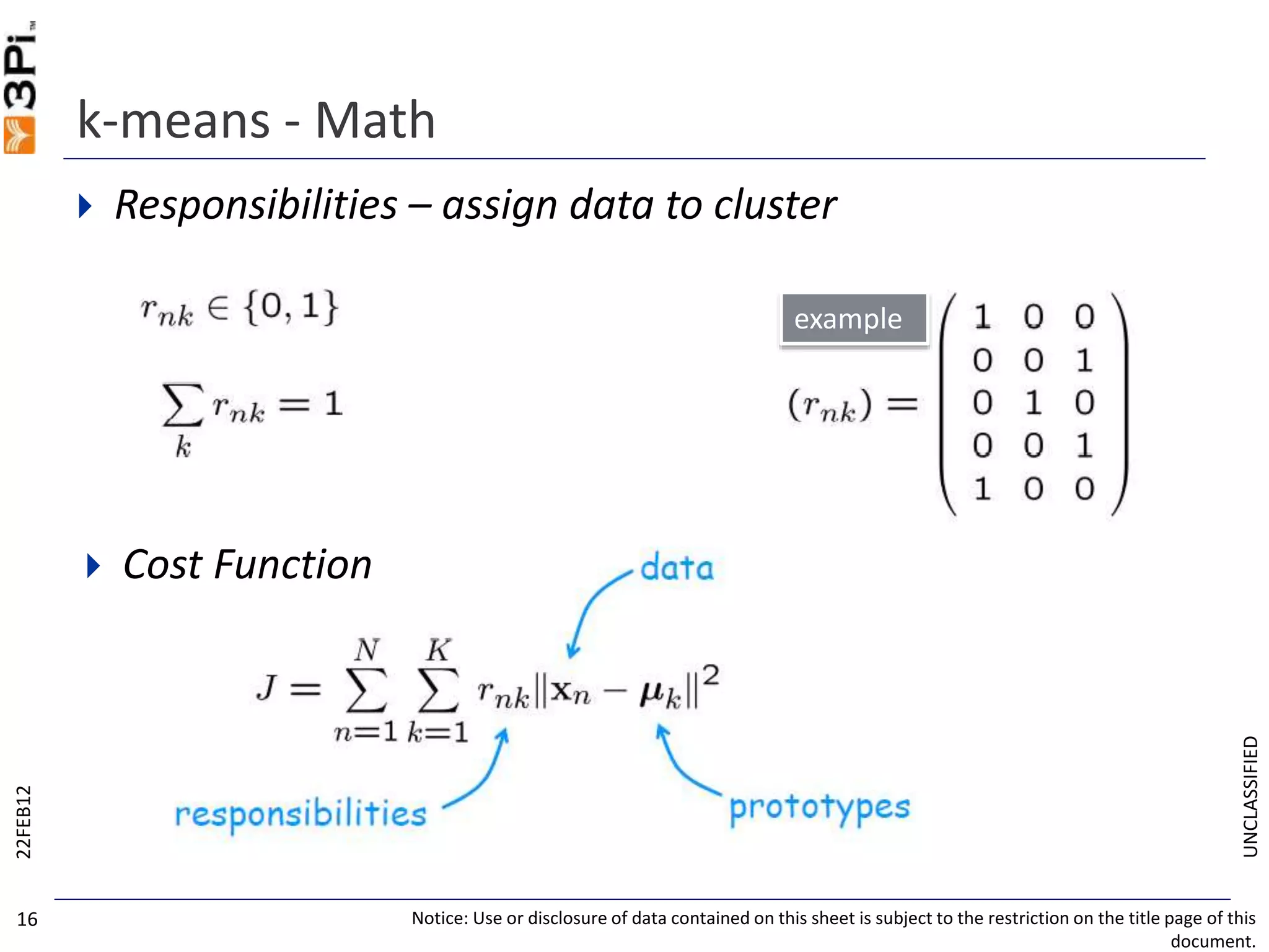 UNCLASSIFIED
k-means - Math
 Responsibilities – assign data to cluster
22FEB12
Notice: Use or disclosure of data contained on this sheet is subject to the restriction on the title page of this
document.
16
 Cost Function
example
 