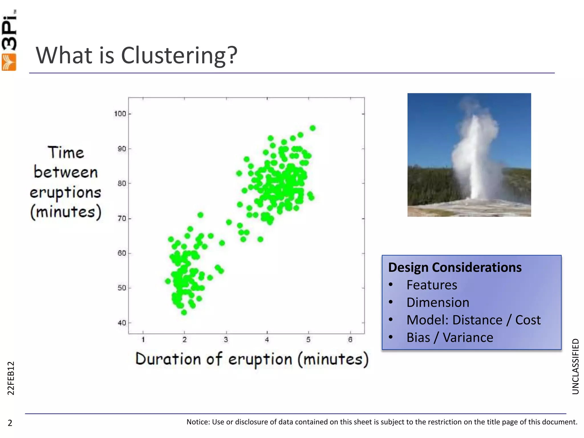 UNCLASSIFIED
What is Clustering?
22FEB12
2 Notice: Use or disclosure of data contained on this sheet is subject to the restriction on the title page of this document.
Design Considerations
• Features
• Dimension
• Model: Distance / Cost
• Bias / Variance
 
