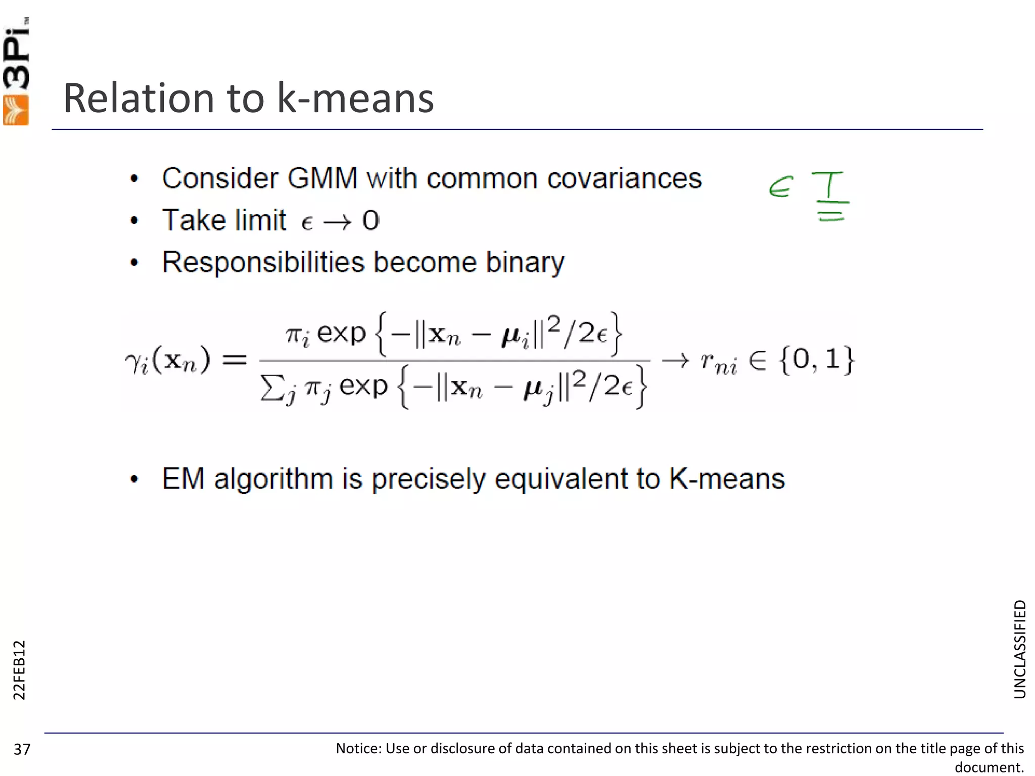 UNCLASSIFIED
Relation to k-means
22FEB12
Notice: Use or disclosure of data contained on this sheet is subject to the restriction on the title page of this
document.
37
 