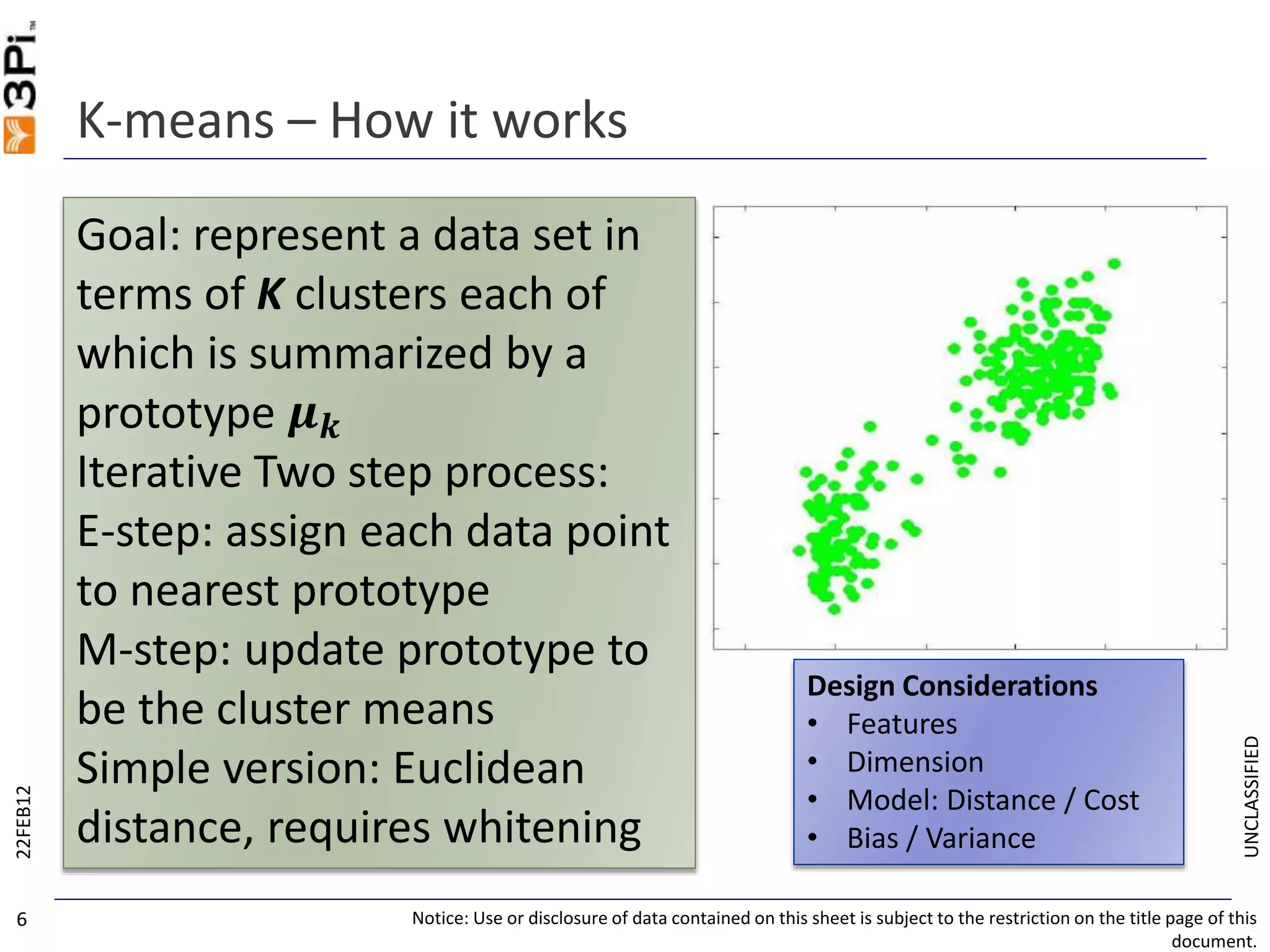 UNCLASSIFIED
K-means – How it works
22FEB12
Notice: Use or disclosure of data contained on this sheet is subject to the restriction on the title page of this
document.
6
Goal: represent a data set in
terms of K clusters each of
which is summarized by a
prototype 𝝁 𝒌
Iterative Two step process:
E-step: assign each data point
to nearest prototype
M-step: update prototype to
be the cluster means
Simple version: Euclidean
distance, requires whitening
Design Considerations
• Features
• Dimension
• Model: Distance / Cost
• Bias / Variance
 