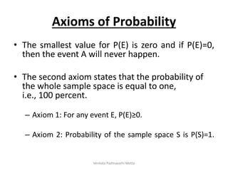 Axioms of Probability
• The smallest value for P(E) is zero and if P(E)=0,
then the event A will never happen.
• The second axiom states that the probability of
the whole sample space is equal to one,
i.e., 100 percent.
– Axiom 1: For any event E, P(E)≥0.
– Axiom 2: Probability of the sample space S is P(S)=1.
Venkata Padmavathi Metta
 