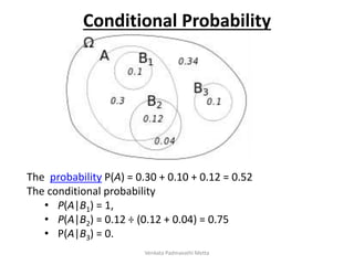 The probability P(A) = 0.30 + 0.10 + 0.12 = 0.52
The conditional probability
• P(A|B1) = 1,
• P(A|B2) = 0.12 ÷ (0.12 + 0.04) = 0.75
• P(A|B3) = 0.
Conditional Probability
Venkata Padmavathi Metta
 