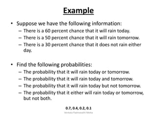 Example
• Suppose we have the following information:
– There is a 60 percent chance that it will rain today.
– There is a 50 percent chance that it will rain tomorrow.
– There is a 30 percent chance that it does not rain either
day.
• Find the following probabilities:
– The probability that it will rain today or tomorrow.
– The probability that it will rain today and tomorrow.
– The probability that it will rain today but not tomorrow.
– The probability that it either will rain today or tomorrow,
but not both.
0.7, 0.4, 0.2, 0.1
Venkata Padmavathi Metta
 