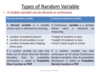 Types of Random Variable
• A random variable can be discrete or continuous
Discrete Random variable Continuous Random Variable
A discrete variable is a variable
whose value is obtained by counting.
A Continuous variable is a variable
whose value is obtained by
measuring.
 number of students present
 number of red marbles in a jar
 number of heads when flipping
three coins
 height of students in class
 weight of students in class
 time it takes to get to school
If a random variable can take only
finite set of values (Discrete Random
Variable), then its probability
distribution is called as Probability
Mass Function or PMF
If a random variable can take
continuous set of values (Continuous
Random Variable), then its probability
distribution is called as Probability
Density Function or PDF
Venkata Padmavathi Metta
 