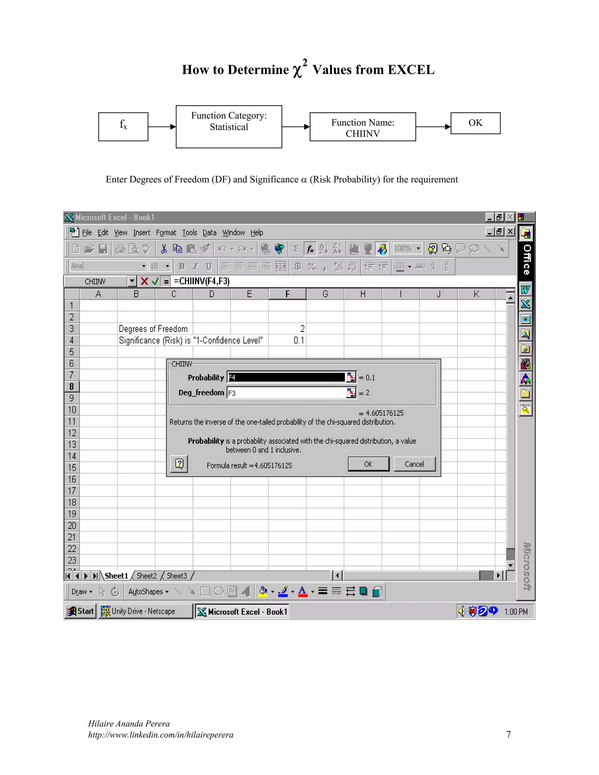 Hilaire Ananda Perera
http://www.linkedin.com/in/hilaireperera 7
How to Determine 2
Values from EXCEL
fx
Function Category:
Statistical Function Name:
CHIINV
OK
Enter Degrees of Freedom (DF) and Significance  (Risk Probability) for the requirement
 