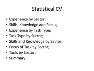 Statistical CV Experience by Sector; Skills, Knowledge and Focus; Experience by Task Type; Task Type by Sector; Skills and Knowledge by Sector; Focus of Task by Sector; Tools by Sector; Summary 